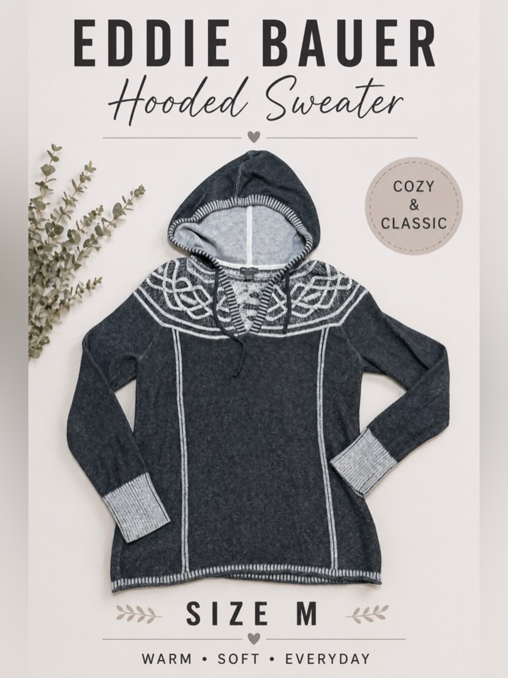 Eddie Bauer Hooded Sweater M Gray Nordic Cozy Cabin Core Knit Pullover